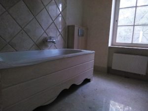 Массивная доска с компенсаторами увлажнения в санузле: под ванной и в оформлении стены за унитазом
